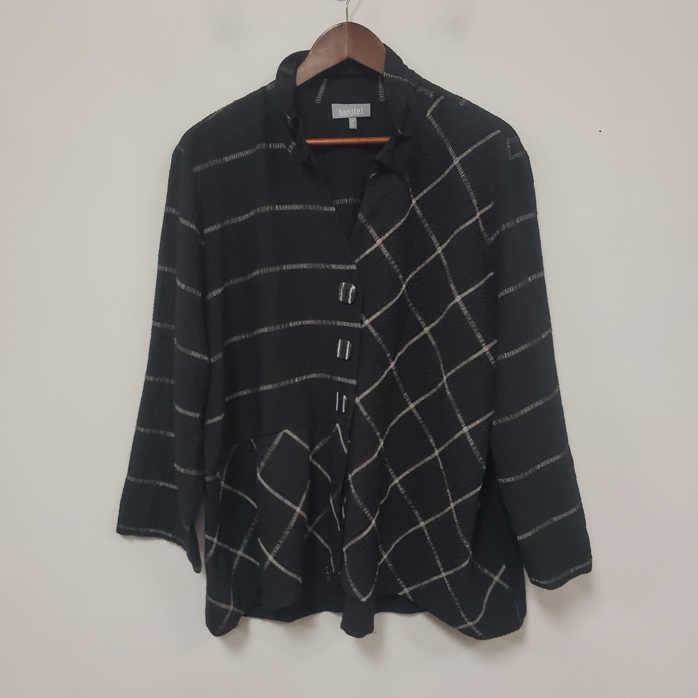 Habitat Women Oversized Gauzy Button Up Top Size XL Black White Plaid Lagenlook